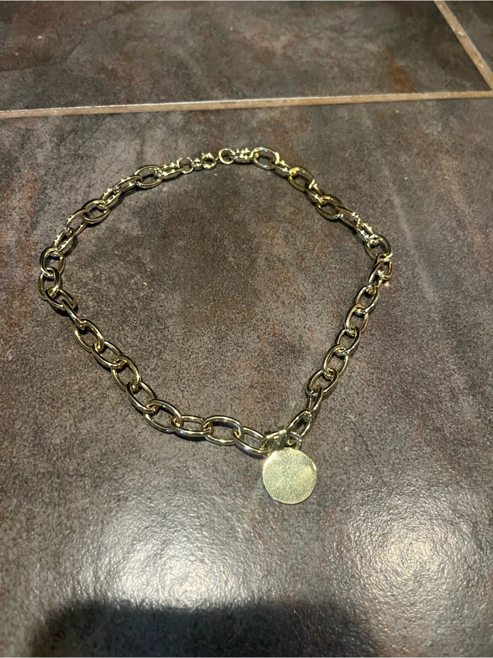Gold Chain Link Necklace with Round Pendant